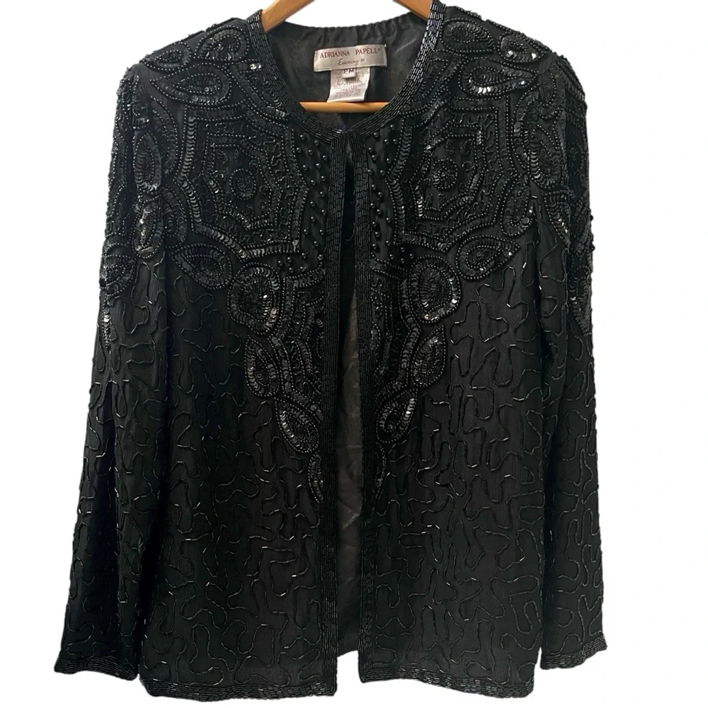 🎉HP! ❤️ Vintage Gothic x Steampunk Adrianna Papell Black Silk Beaded Jacket - Picture 3 of 9